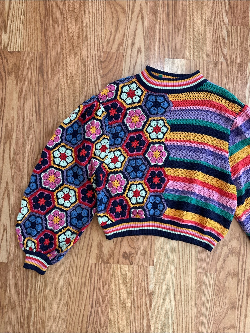 FARM RIO Multicolor Crochet Knit Balloon Sleeve Sweater - Picture 2 of 13